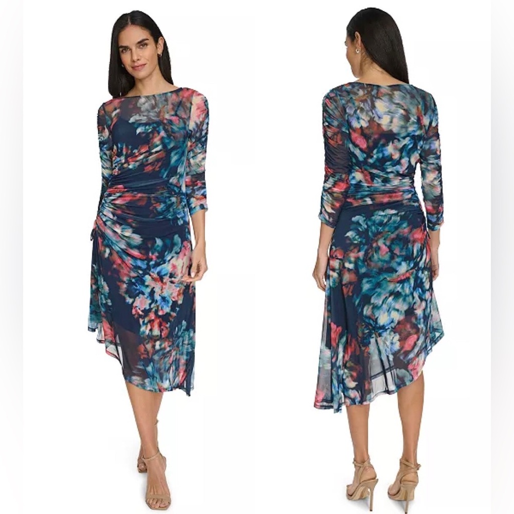 Calvin Klein Ruched Mesh Asymmetrical Watercolor Floral Fitted Midi Dress 4 NWT